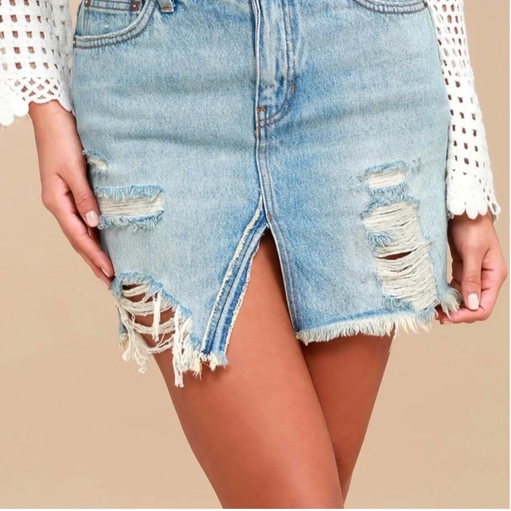 Free People Relaxed Destroyed Denim Mini Skirt - Picture 3 of 10